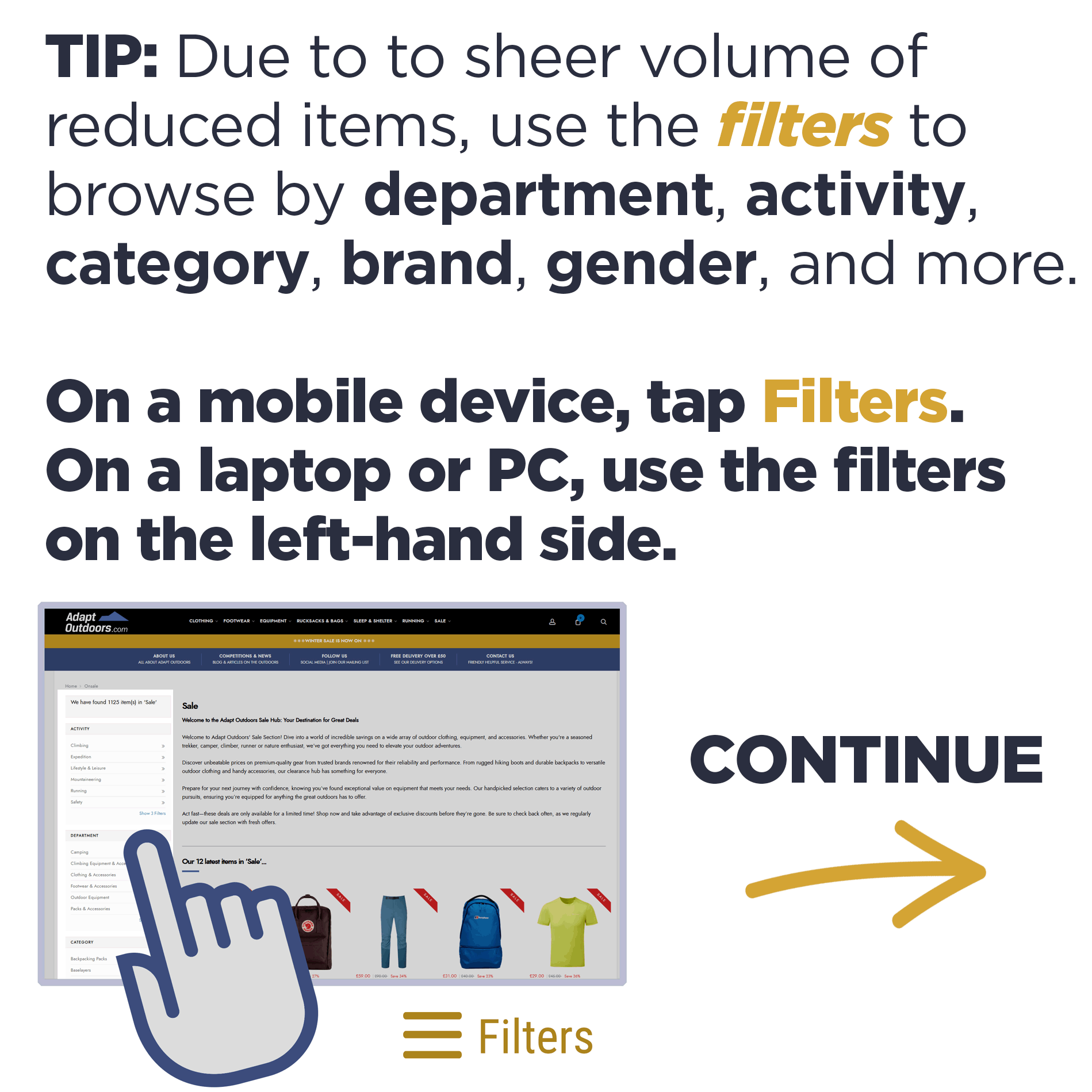 TIP: Use filters to browse reduced items on AdaptOutdoors.com. Tap Filters on mobile or use left-side filters on desktop.